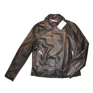 Ted Baker London Leather Moto Jacket Rose Gold Zippers Womens Size S Black NWT